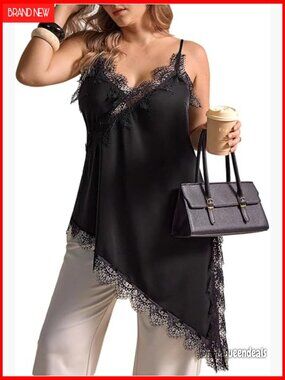 Plus Size Satin Lace Trim Cami V Neck Asymmetrical Long Tank Top